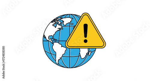 Global Alert: An illustrative portrayal of a warning sign overlaying the globe, symbolizing global crisis, danger, and environmental concerns.
