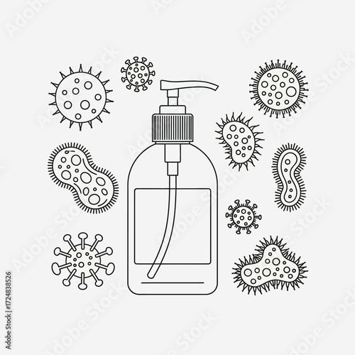 Minimalist line art illustration featuring a hand sanitizer pump bottle encircled by various virus and bacteria outlines, representing essential hygiene and germ protection
