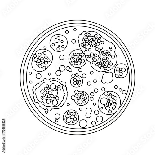 Microscopic View Petri Dish with Biological Structures - Black and White Illustration