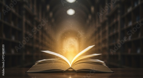 Magical Open Book Glowing in the Library Hallway