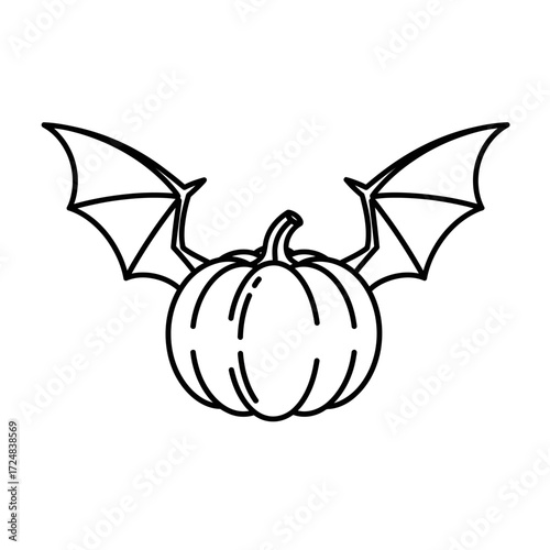 Outline drawing of a pumpkin with bat wings, perfect for Halloween decorations or projects