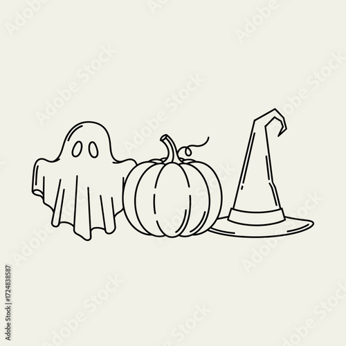 Hand-drawn Halloween symbols including a friendly ghost, a ripe pumpkin, and a pointed witch's hat. Minimalist line drawing icon set, vector illustration isolated on a plain background