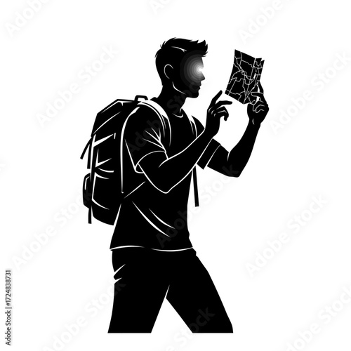 Futuristic Vector Silhouette of a Traveler Navigating a Digital Map Technology Navigation