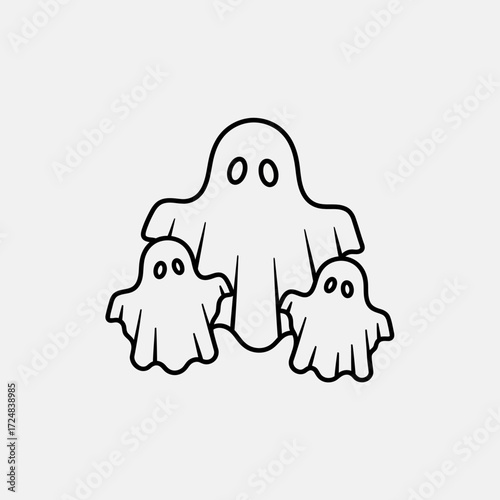 A cute ghost family icon depicted in a simple black and white line art style. This spooky yet friendly trio of spirits is perfect for Halloween designs, isolated on a light background
