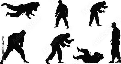 Martial arts silhouette vector illustration showing judo training, fighting poses, grappling movements, combat stances, self defense practice, sports action