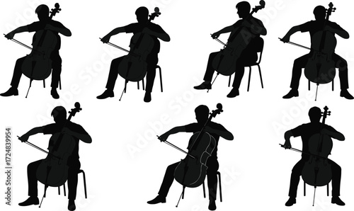 Silhouette illustration of musicians playing cello while seated with bow, showing classical music performance and orchestra instrument art design vector.