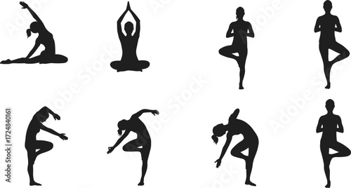 Yoga silhouette vector illustration showing women practicing meditation, balance poses, stretching exercises, mindfulness training, fitness workout, healthy lifestyle, wellness activity