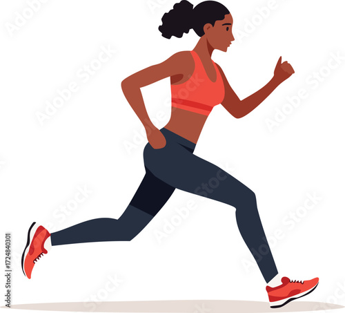 Energetic Sprint: A vibrant depiction of a fit young woman in sporty attire, caught mid-stride in a burst of energetic movement. A celebration of health and fitness.
