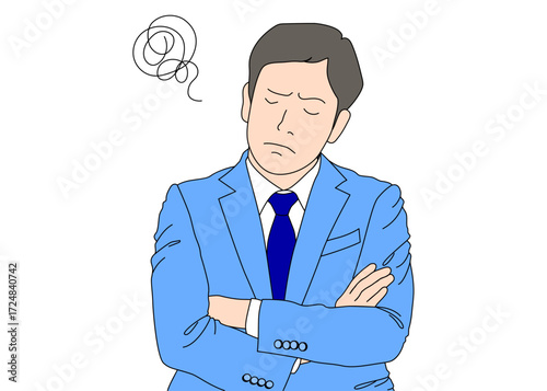 腕組みをして考え込む 悩むサラリーマン男性のイラスト 上半身正面 カラー 青色 ブルー