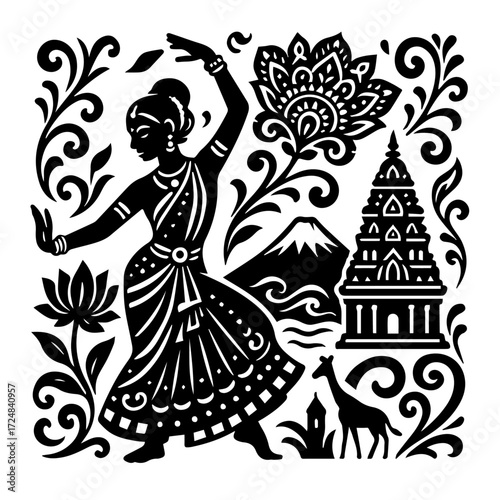 Indian Classical Dancer with Temple and Paisley — Bharatanatyam/Kathak Inspired Woodcut, Black & White Vector