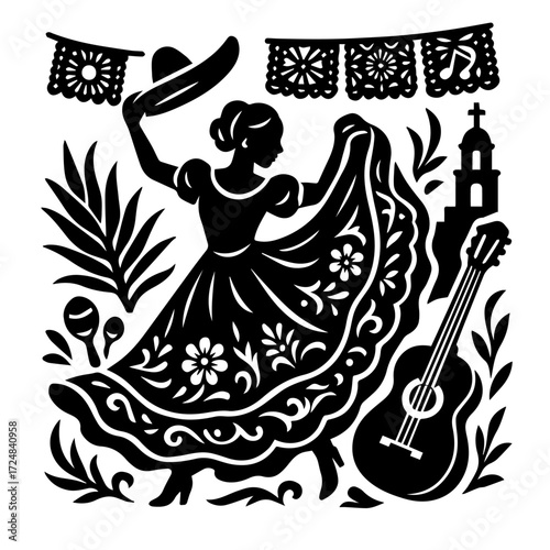 Mexican Folkloric Dancer with Papel Picado and Guitar — Latin Heritage Woodcut, Monochrome Vector