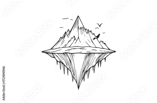 Iceberg line art illustration showing peak above water and submerged underwater section drawing