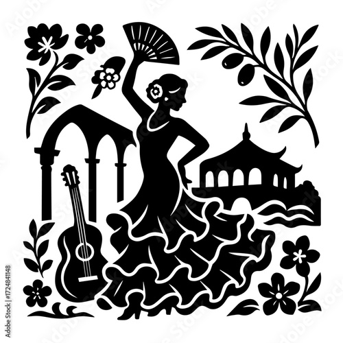 Flamenco Dancer with Guitar and Arches — Spanish Culture Woodcut, Elegant Black & White Vector