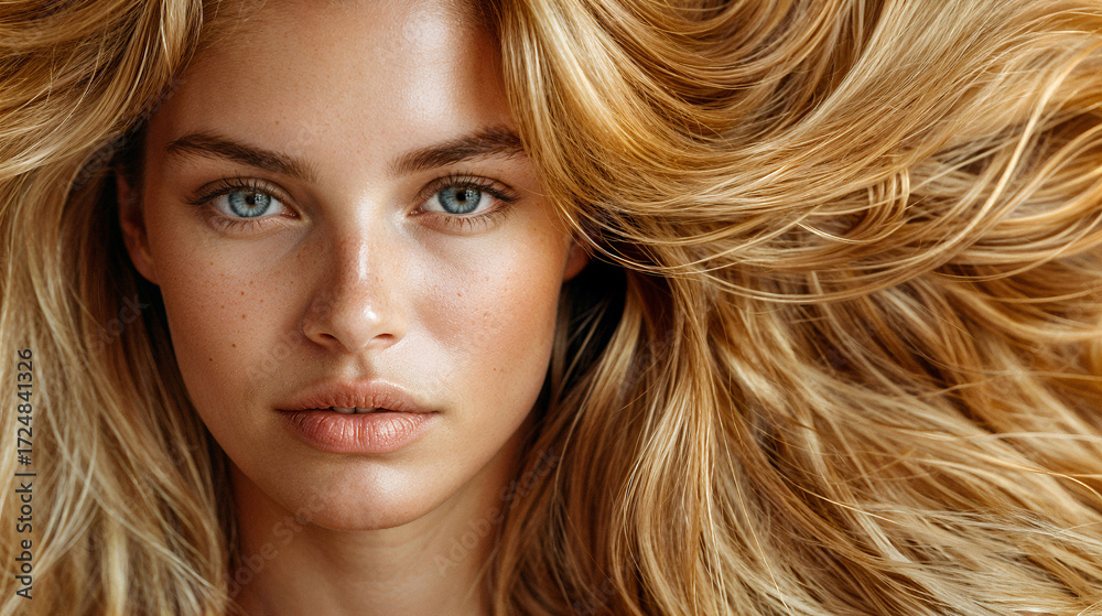 custom made wallpaper toronto digitalBeautiful young woman with freckles and wavy hair poses for close-up portrait in natural light
