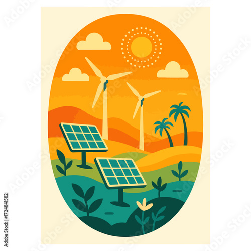 Solar Panels and Wind Turbines in Rolling Hills — Renewable Energy & Sustainability Oval Illustration