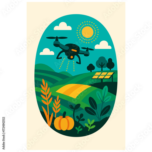 Agriculture Drone over Crop Fields — Precision Farming and Smart Agriculture, Clean Oval Vector