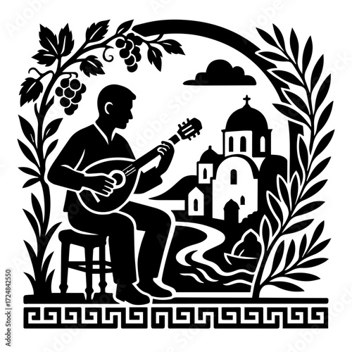 Greek Bouzouki Player in Village — Olive Vines and Chapel by the Sea, Mediterranean Woodcut (Monochrome Vector)