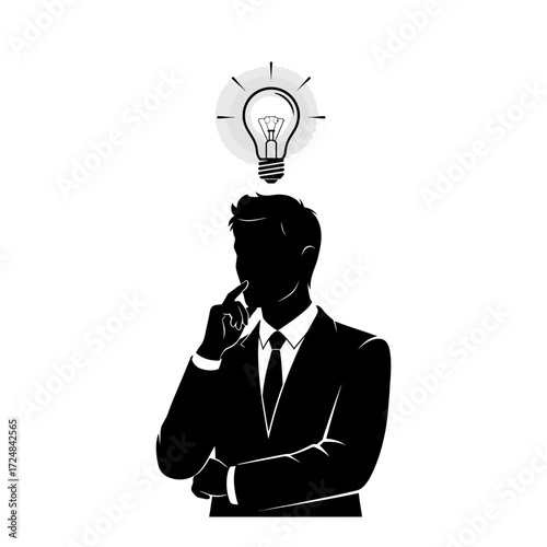 Strategic Black Vector Silhouette of an Innovator Brainstorming Fueling Business Progress