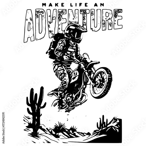 Hiker and motorcycle with mountain landscape