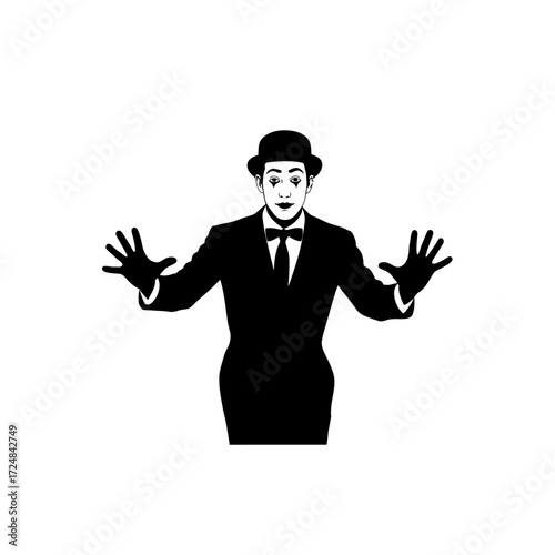 Striking Vector Silhouette of a Male Mime Artist Trapped in an Invisible Box Performance Art