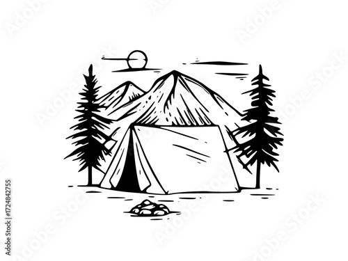 Camping scene with tent and mountain in black