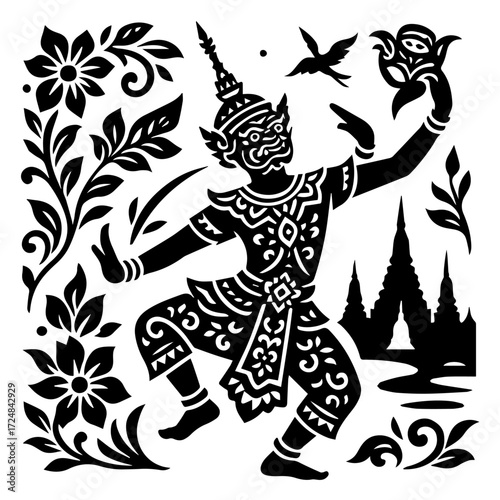 Thai Khon Masked Dancer with Floral Ornament — Traditional Ramakien Culture Woodcut, Monochrome Vector