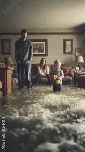 Water Damage in Family Home: A family stands dejected as floodwaters inundate their living room. The scene captures the profound impact of property damage and disaster. 
