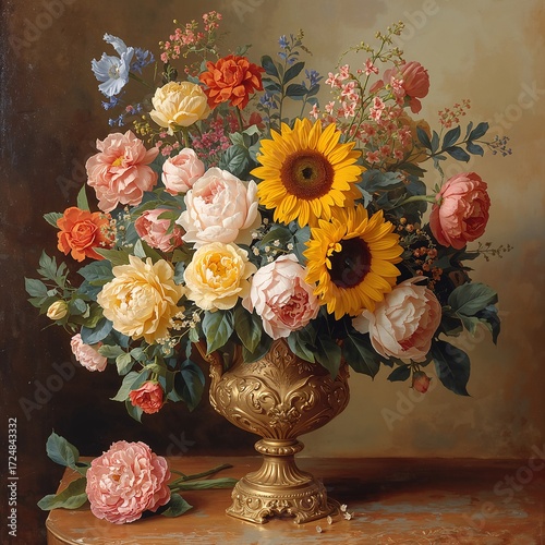 Luxurious oil painting of opulent summer bouquet with sunflowers, roses, and peonies in golden vase