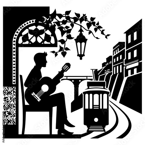 Guitarist on Lisbon Street with Tram & Old Houses — Portuguese Fado Scene, Ornamental Woodcut (Monochrome Vector)