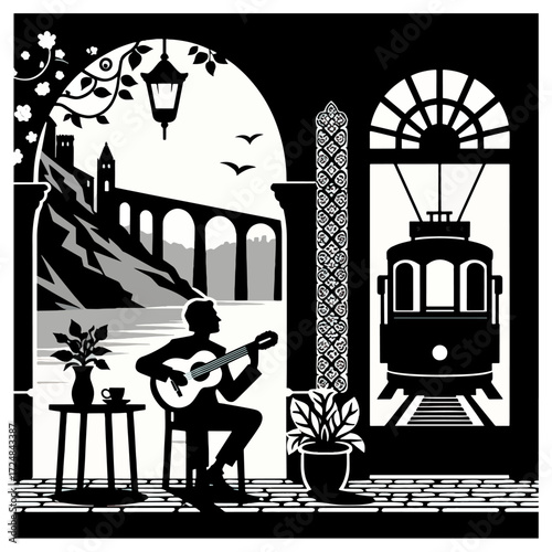 Street Musician by Arch & Bridge with Passing Tram — Lisbon Portugal Fado Woodcut (Black & White Vector)