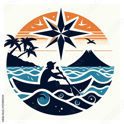 Navigator in Canoe with Star Compass & Volcano — Tropical Wayfinding Roundel, Maritime Woodcut (Monochrome Vector)