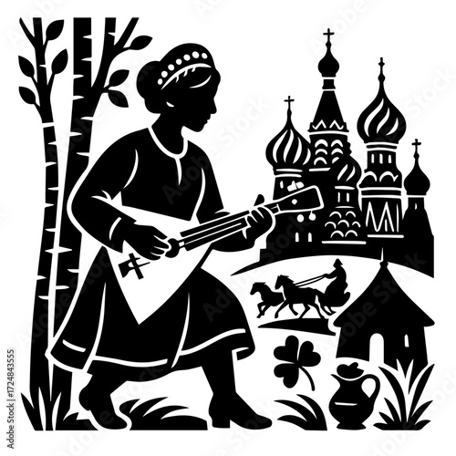 Russian Balalaika Player with Saint Basil’s Domes & Troika — Moscow Folk Music Woodcut (Black & White Vector)