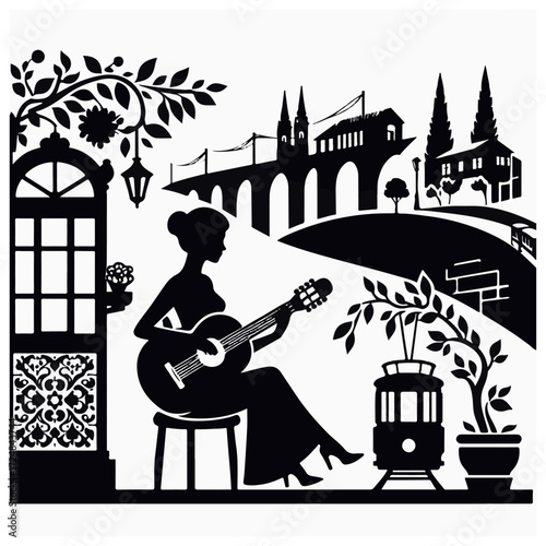 Fado Guitarist by Window with Lisbon Tram & Aqueduct — Portugal Old Town Serenade, Ornamental Woodcut (Black & White Vector)