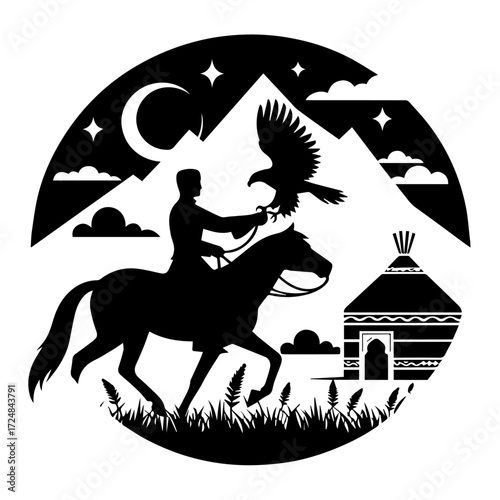 Kazakh Eagle Hunter Galloping by Yurt — Central Asia Steppe Culture Woodcut, Black & White Vector