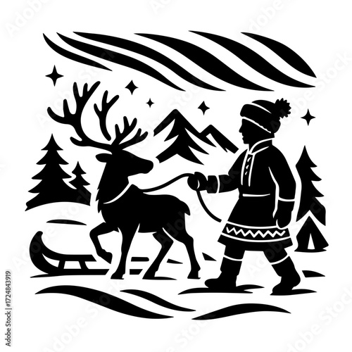Sámi Reindeer Herder in Winter Forest — Arctic Culture Woodcut, Monochrome Vector