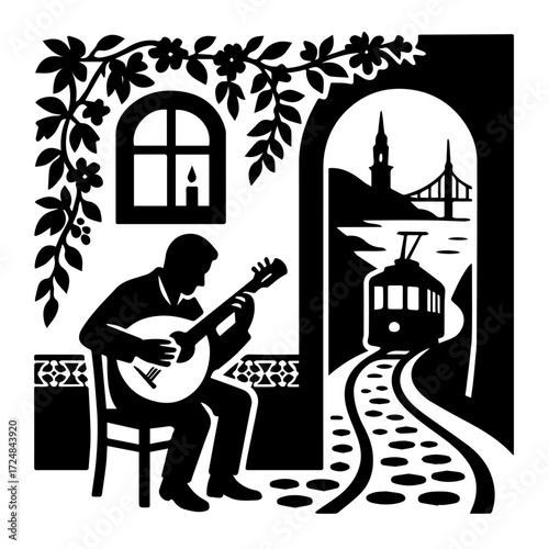 Fado Guitarist in Old Town Alley — Lisbon Portugal Culture Woodcut, Black & White Vector