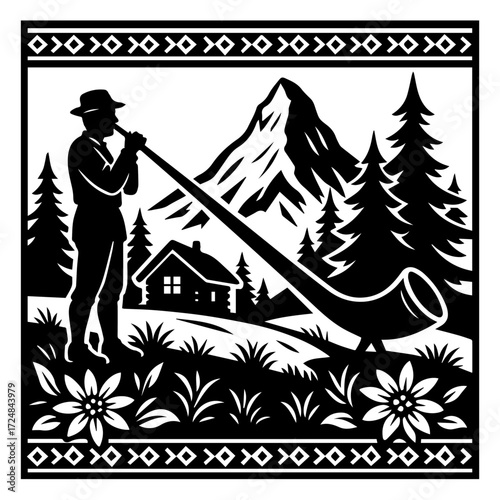 Swiss Alphorn Player with Chalet & Mountains — Switzerland Folk Music Woodcut, Monochrome Vector