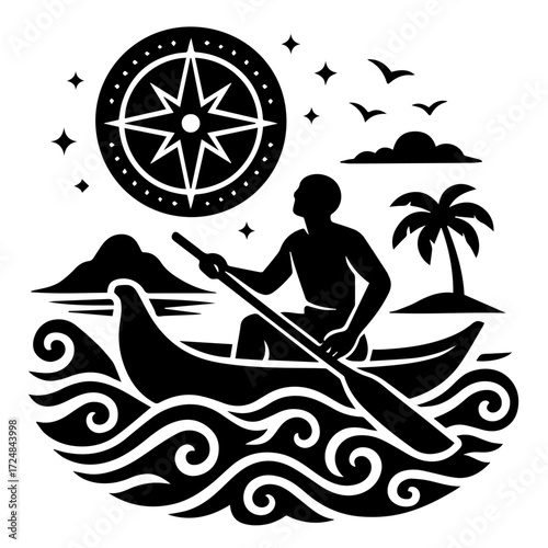 Explorer in Canoe under Compass Rose — Navigation & Adventure at Sea, Woodcut B/W Vector