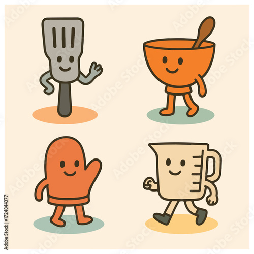 Kitchen Mascots Set — Spatula, Mixing Bowl, Oven Mitt and Measuring Cup Characters, Cute Vector Bundle