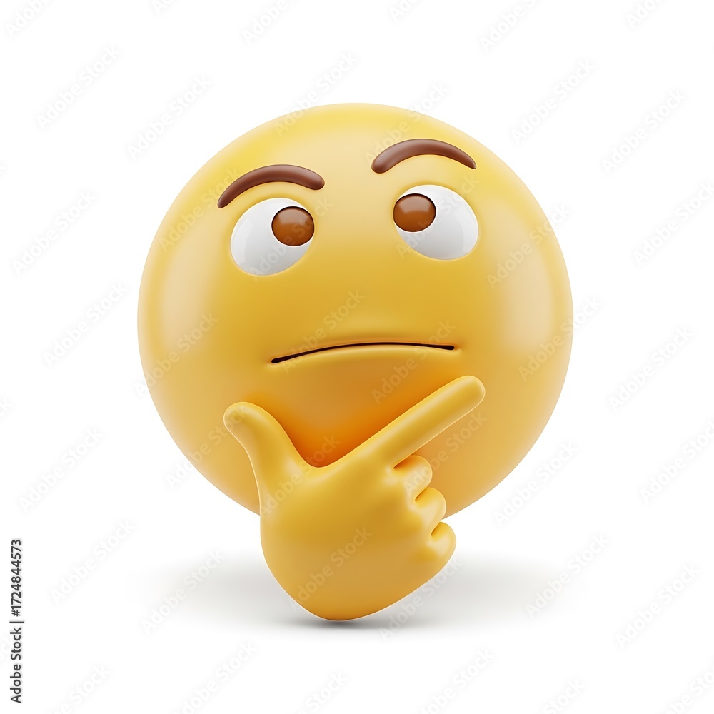 Fototapeta premium A three-dimensional, yellow emoticon thoughtfully considering something, with a hand placed on the chin and a gaze directed to the viewer.