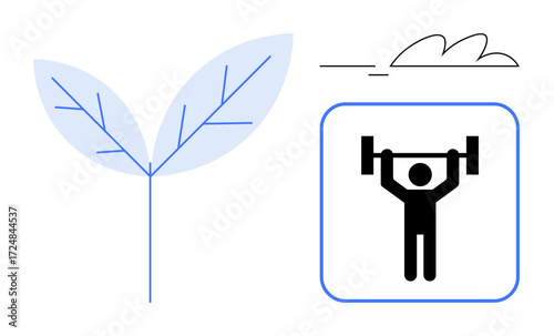 Leaf outline emphasizing natural growth and vitality, paired with a weightlifting figure symbolizing strength and fitness. Ideal for health, wellness, lifestyle, sustainability, ecology, personal
