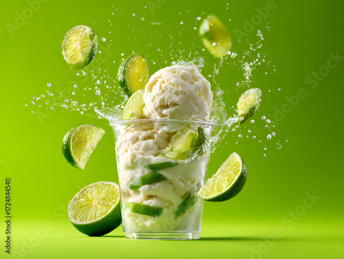 Lime ice cream in a clear cup lime slices hoverin