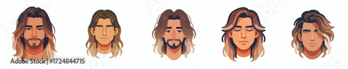 Vector avatar of a man's face with long ombre hair, tanned skin, relaxed expression