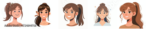 Vector Avatar of a young woman's face with ponytail, tanned skin, cheerful expression