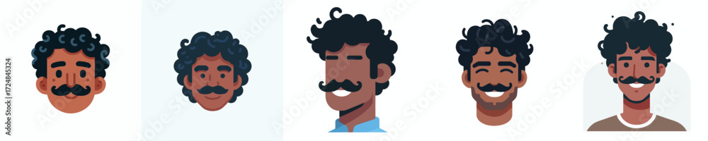 Fototapeta premium Vector Avatar of a man's face with thick curly hair, dark skin, thin mustache, smiling expression