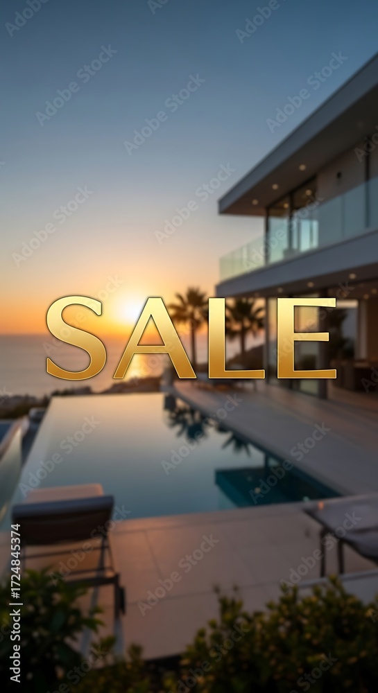 Fototapeta premium Stunning modern house by the sea, with a luxurious pool, is for sale at sunset.