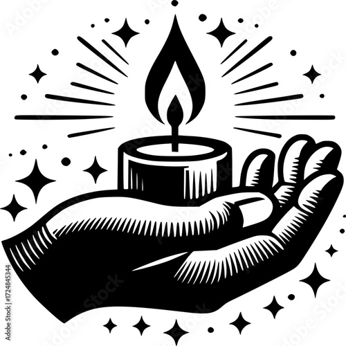 Guiding Light: An artistic portrayal of a hand cradling a candle, radiating light and hope against a background of stars, a symbol of guidance and serenity.
