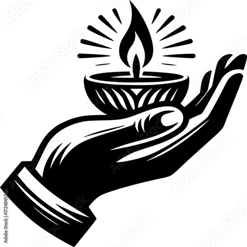 Sacred Flame of Giving: A symbolic hand delicately cradles a glowing oil lamp, radiating light and embodying a spirit of service, compassion, and the spread of enlightenment. 