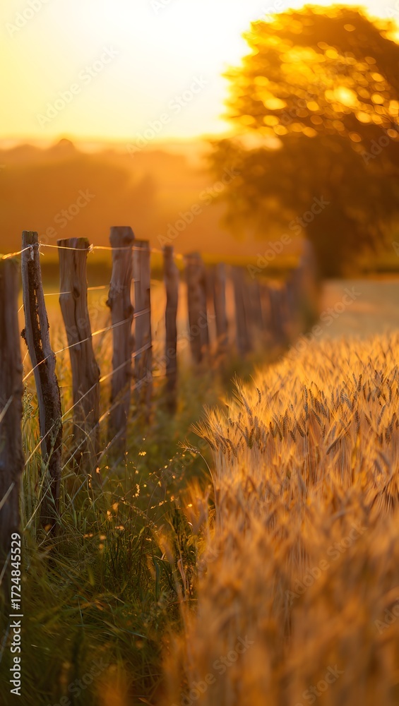 Obraz premium Golden hour illuminates wheat field next to rustic fence in countryside landscape scene
