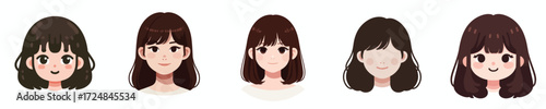Vector Avatar of a woman's face with thick bangs, dark brown hair, white skin, sweet expression